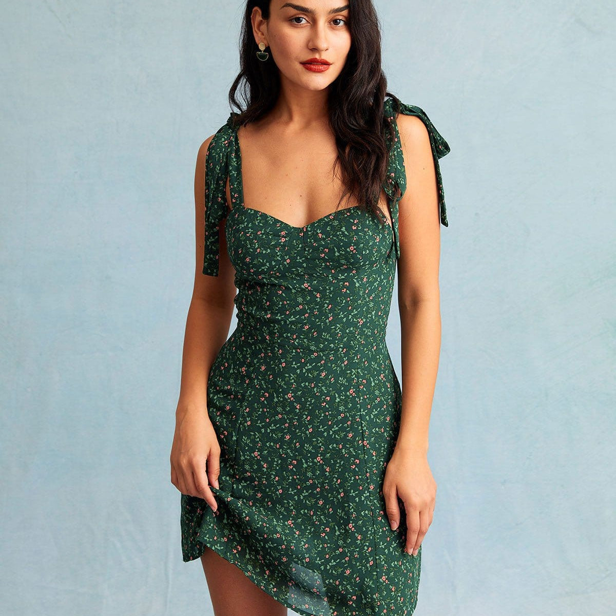 Belltoile Yeşil Kalp Yaka Çiçek Slip Mini Elbise