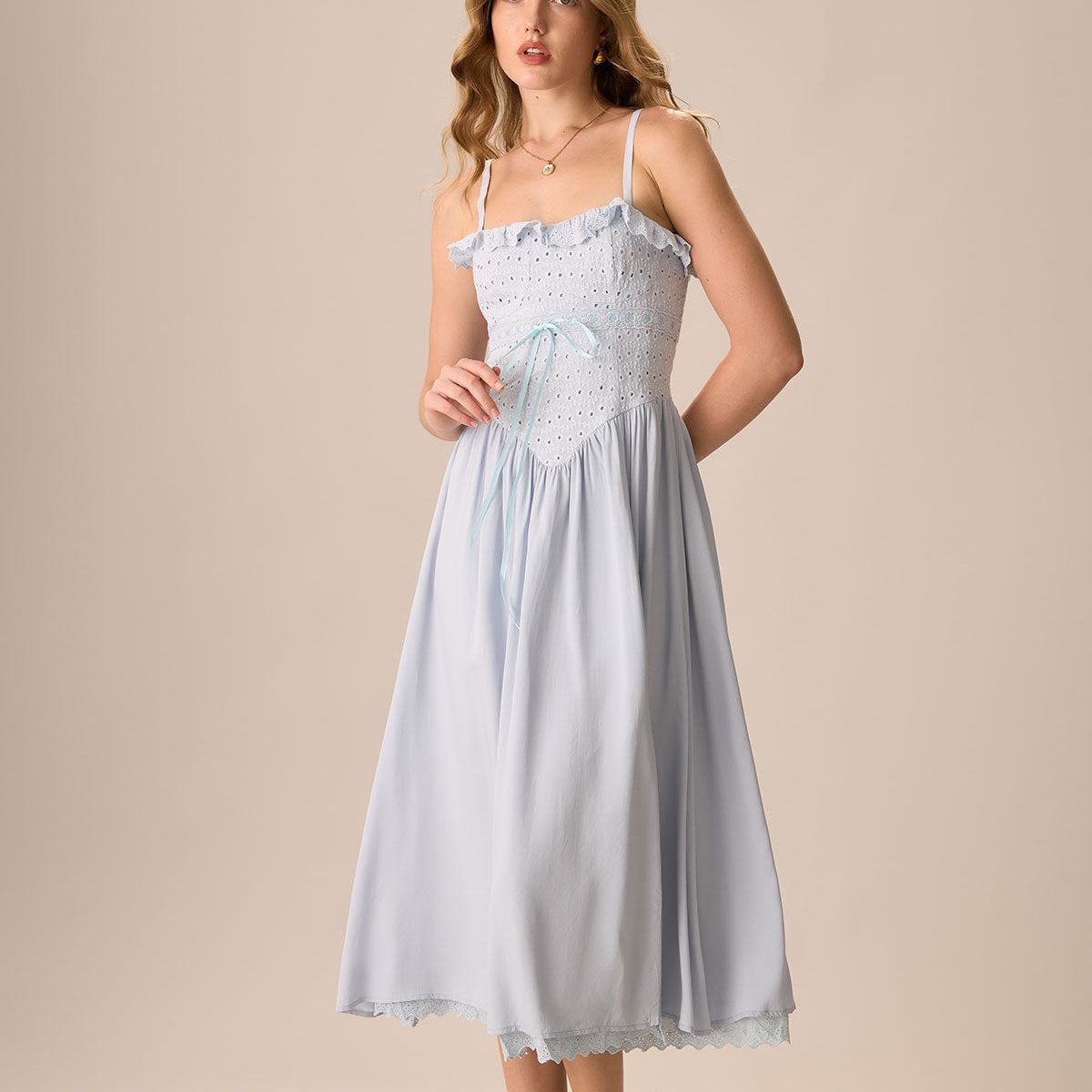 Belltoile™ Kadın Mavi Nakışlı Pamuklu Slip Midi Elbise
