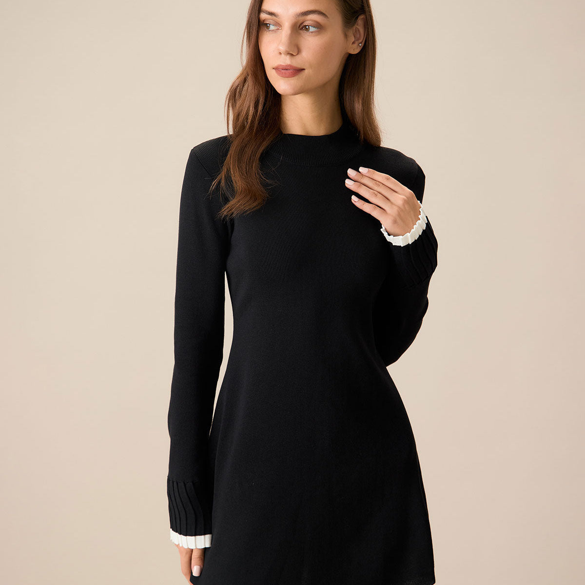 Belltoile™ Siyah Kontrast Uzun Kol Triko Mini Elbise