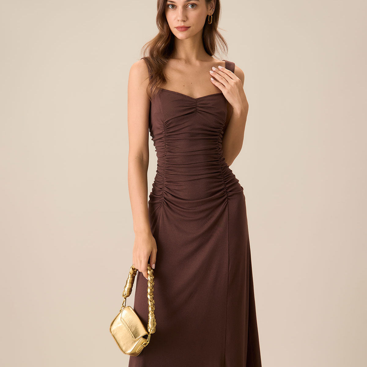 Belltoile Kadın Kahve Dantelli Örme Slip Midi Elbise
