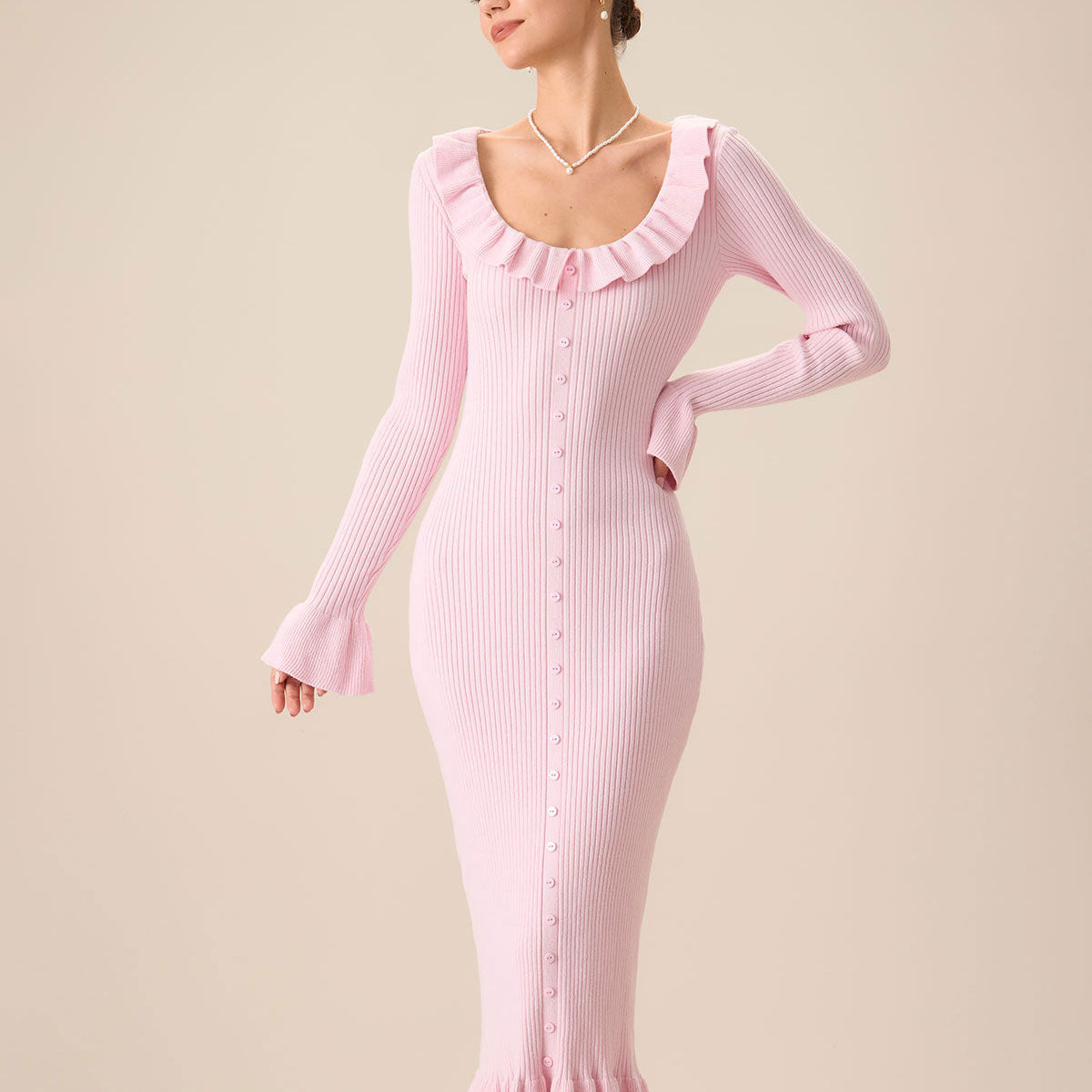Belltoile™ Kadın Pembe U Yaka Fırfırlı Bodycon Kazak Elbise
