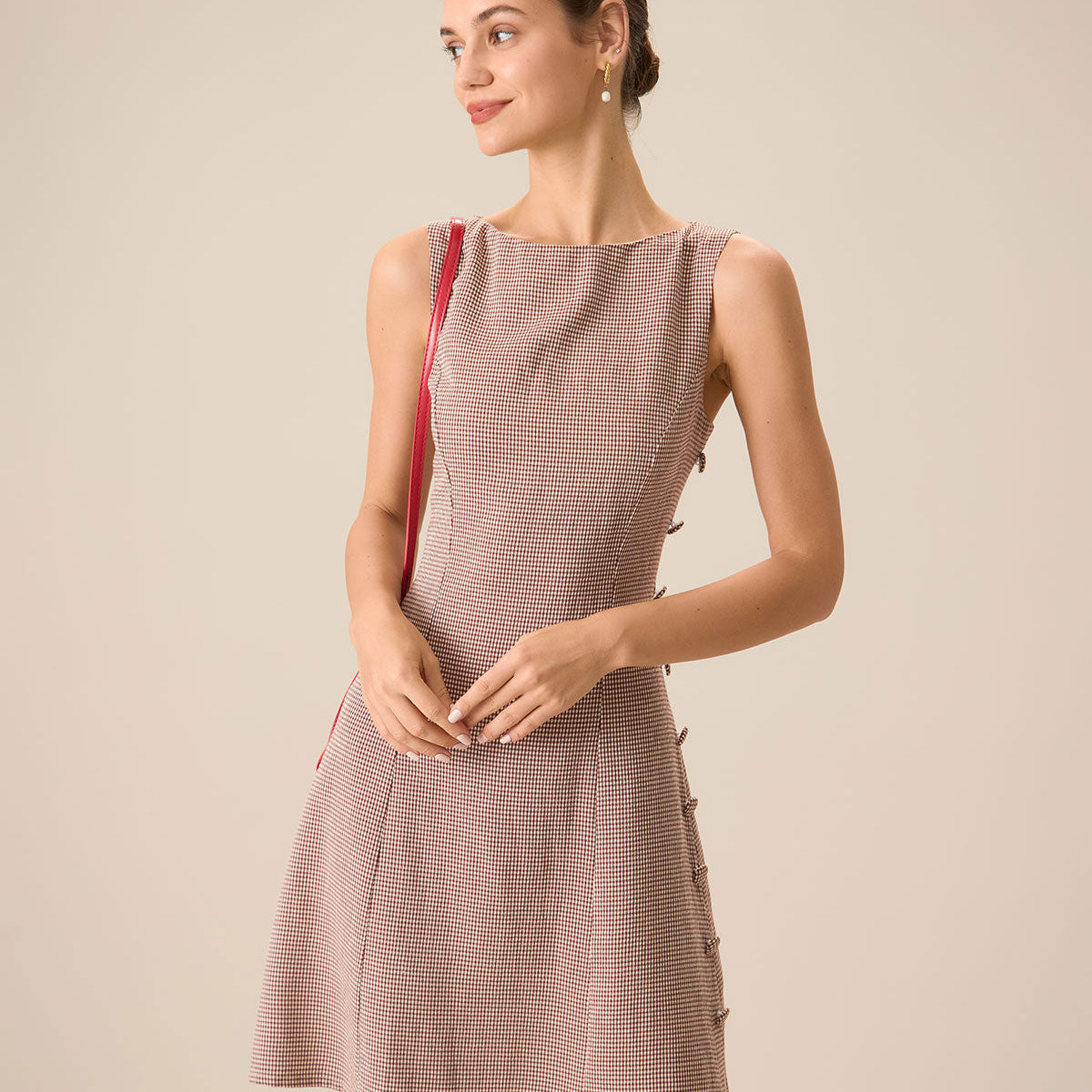 Belltoile™ Kadın Kayık Yaka Kahverengi Ekose Mini Elbise