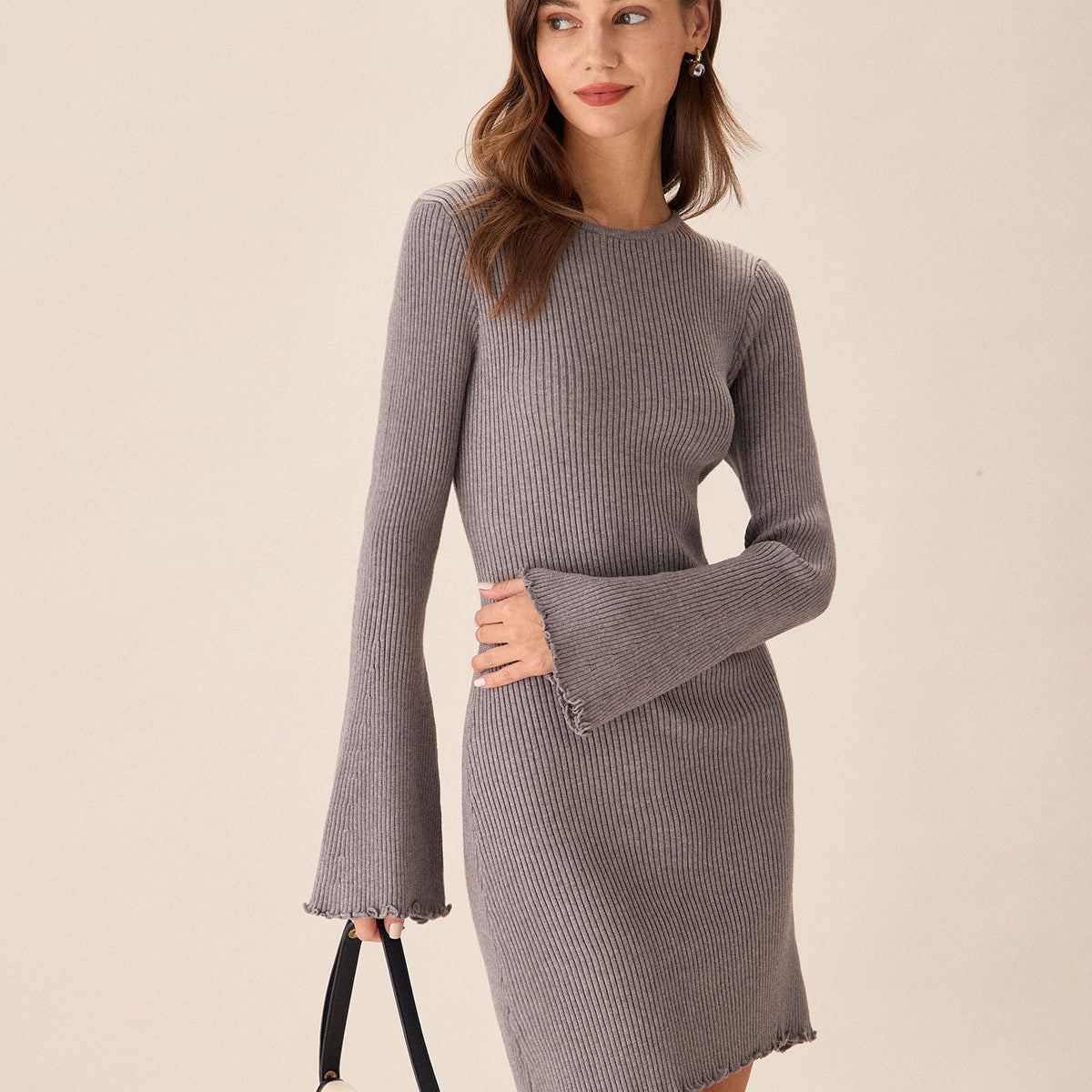 Belltoile™ Gri Kayık Yaka Triko Mini Elbise
