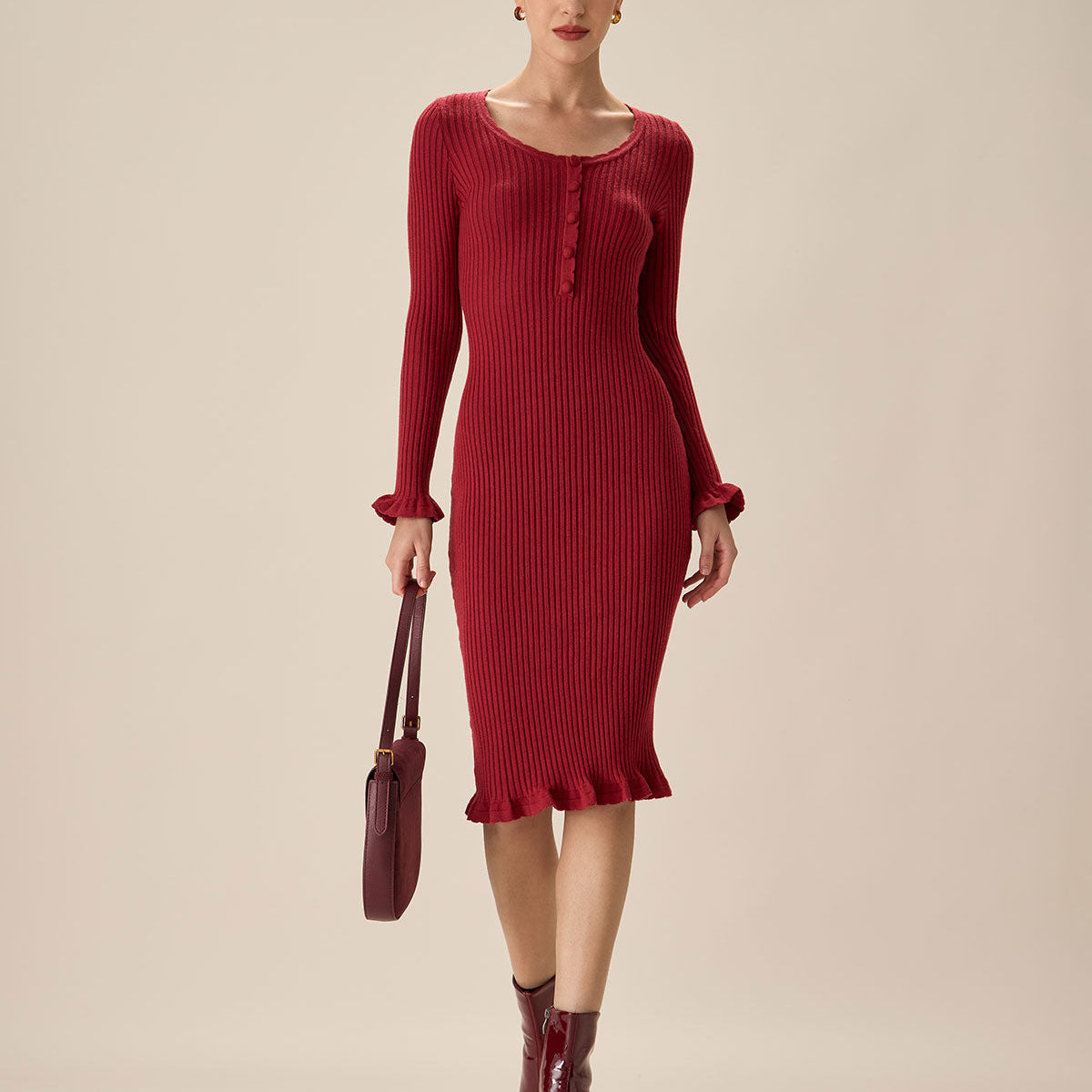 Belltoile™ Kırmızı Bodycon Çan Kol Kazak Elbise