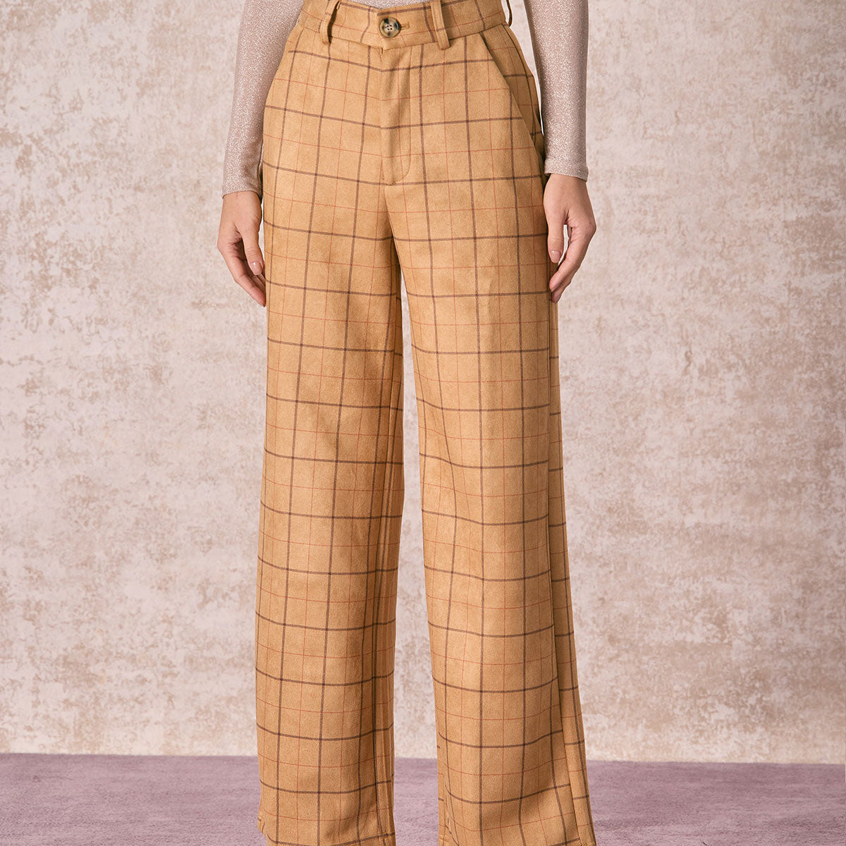 Belltoile™ Haki Yüksek Bel Ekose Geniş Paça Pantolon