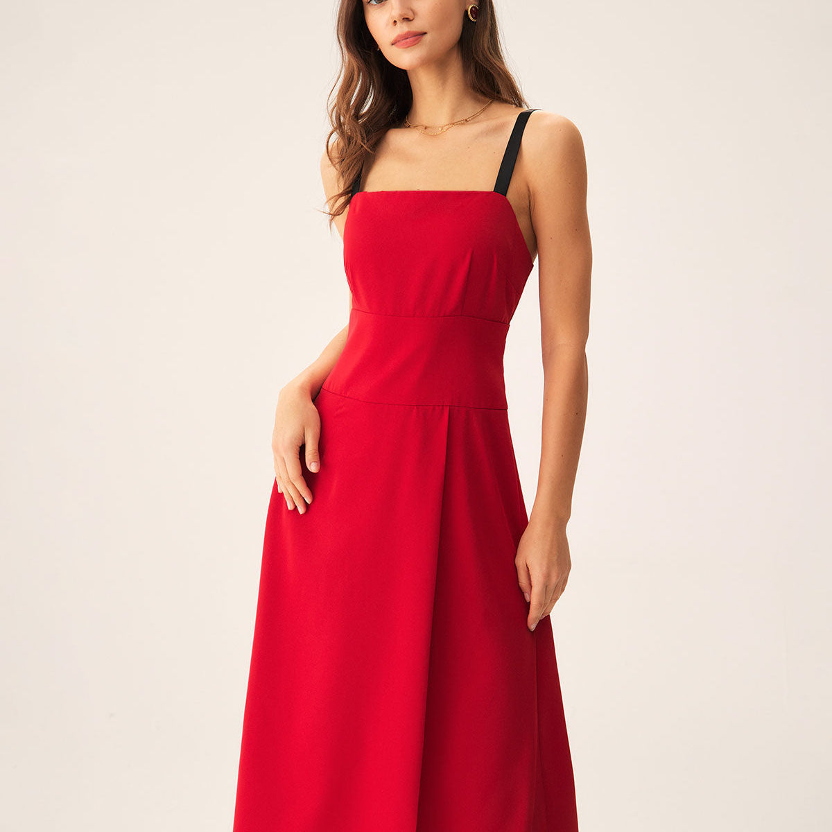 Belltoile™ Kırmızı Kontrast Yırtmaçlı Slip Midi Elbise