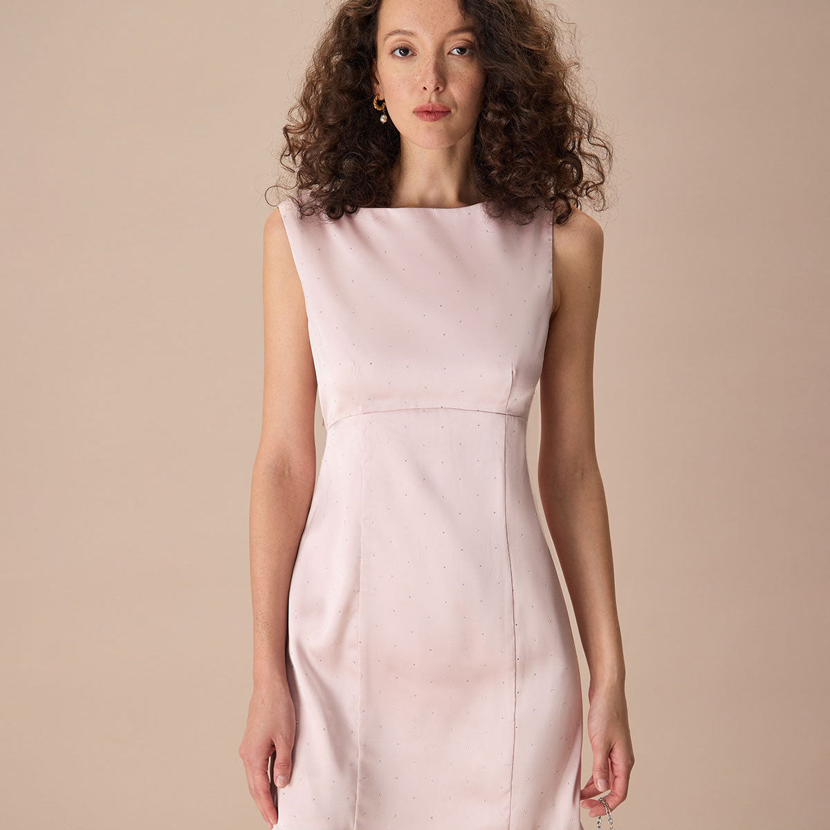 Belltoile™ Pembe Kayık Yaka Fiyonklu Saten Mini Elbise