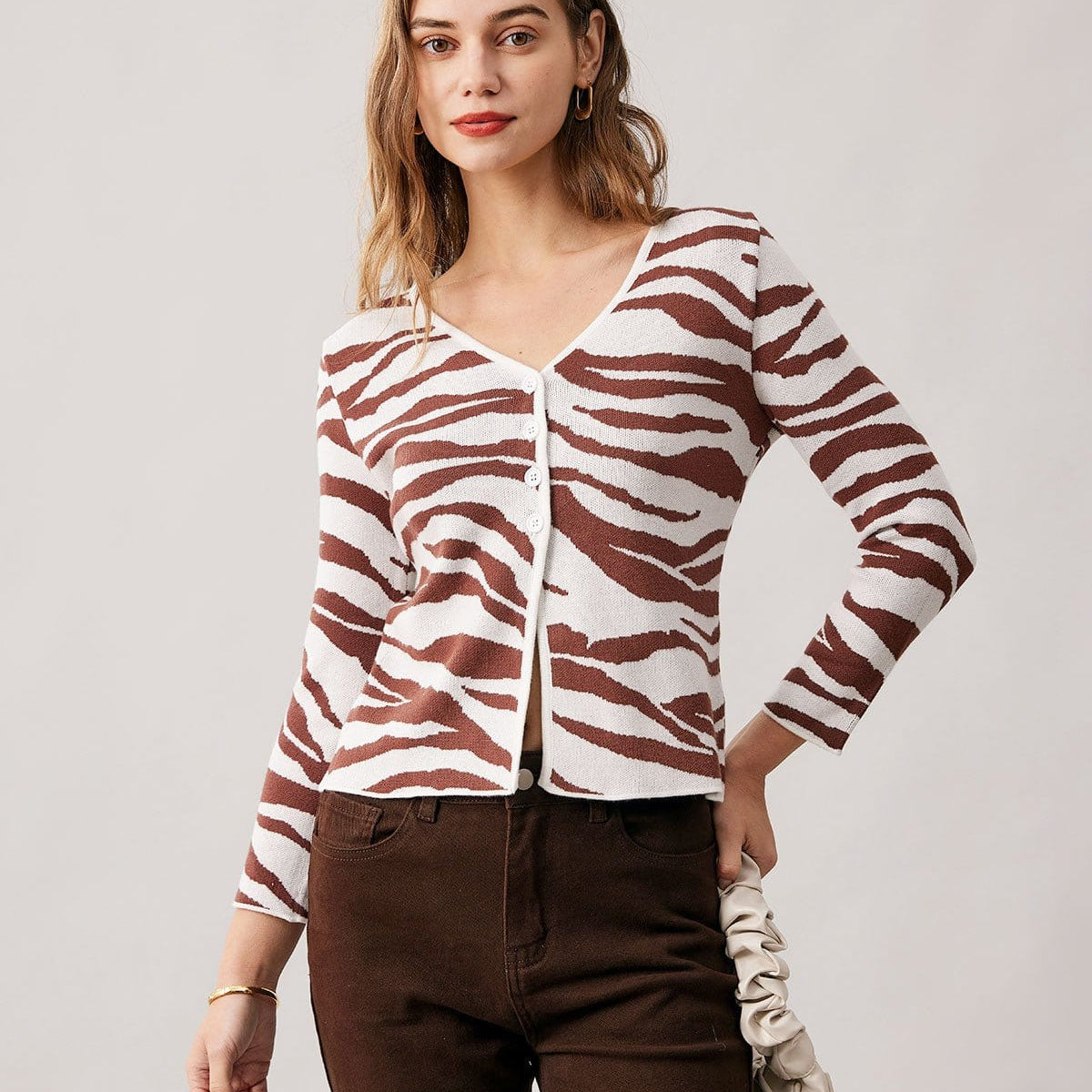 Belltoile™ Kahve V Yaka Zebra Örgü Hırka