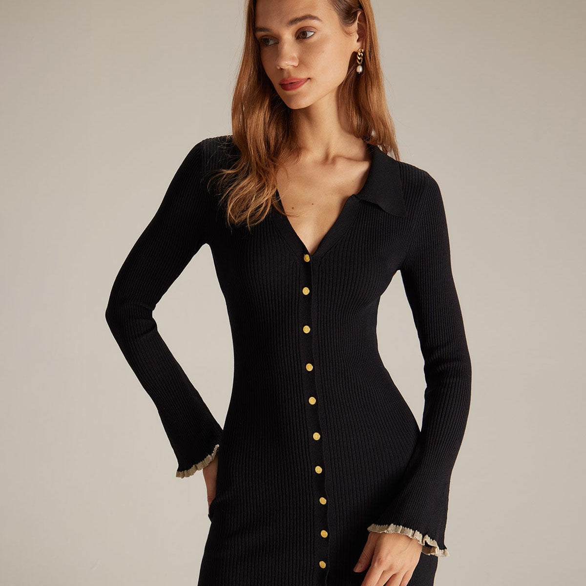 Belltoile™ Siyah V Yaka Kontrast Detaylı Triko Mini Elbise