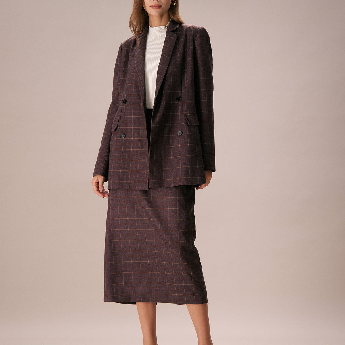 Belltoile™ Kahve Yaka Kruvaze Ekose Blazer