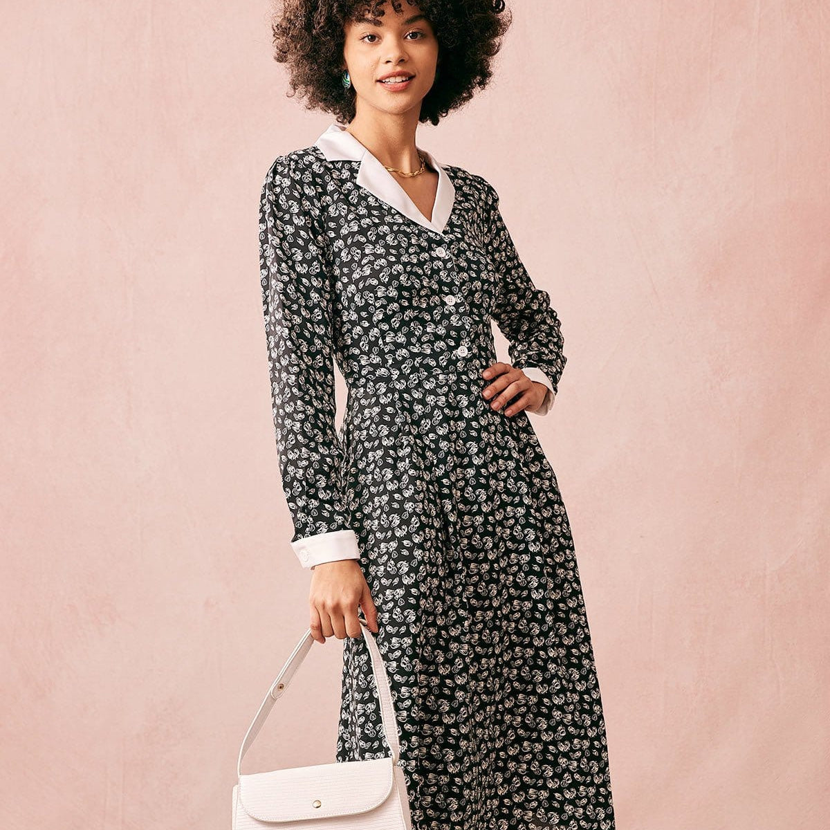 Belltoile™ Yakalı Patchwork Uzun Kollu Midi Elbise
