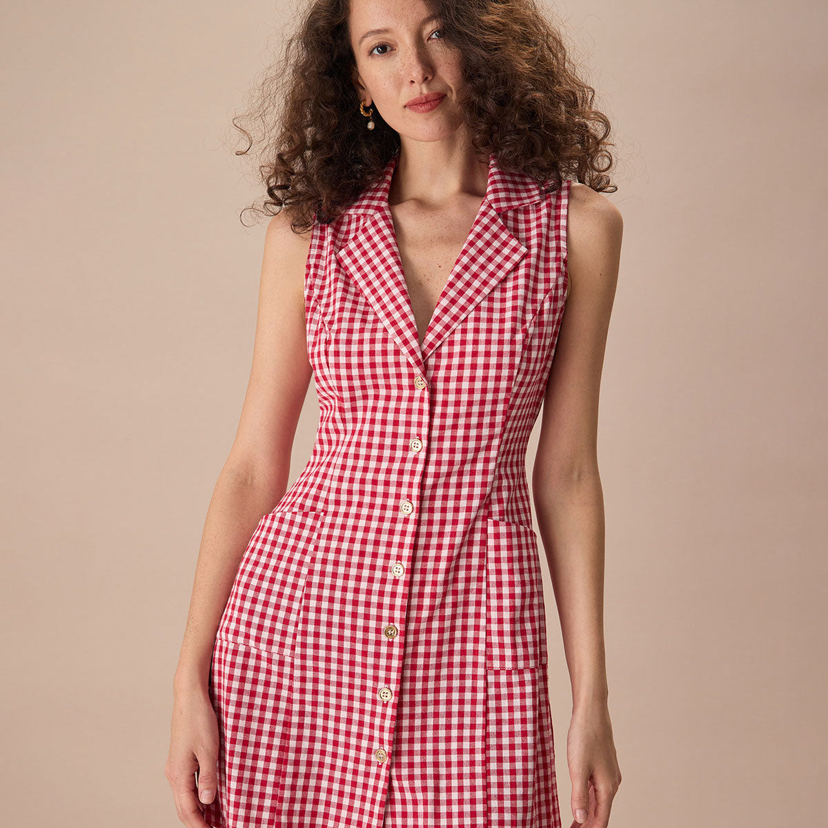 Belltoile™ Yaka Ekose Kolsuz Pamuk Cep Mini Elbise