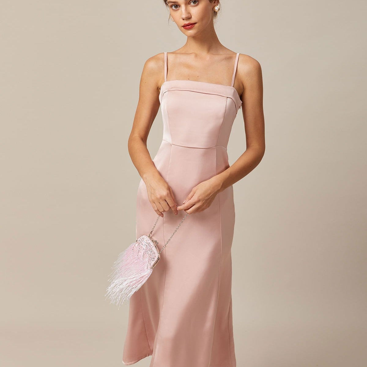 Belltoile Pembe Bodycon Saten Cami Midi Elbise