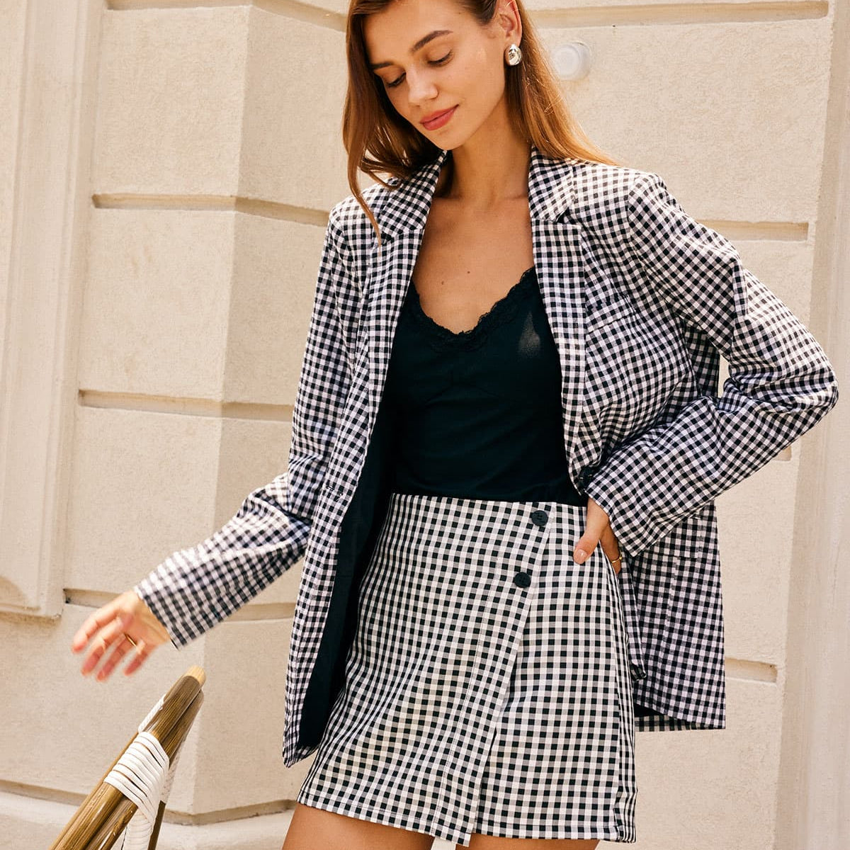 Belltoile™ Siyah Yaka Ekose Tek Sıra Düğmeli Blazer