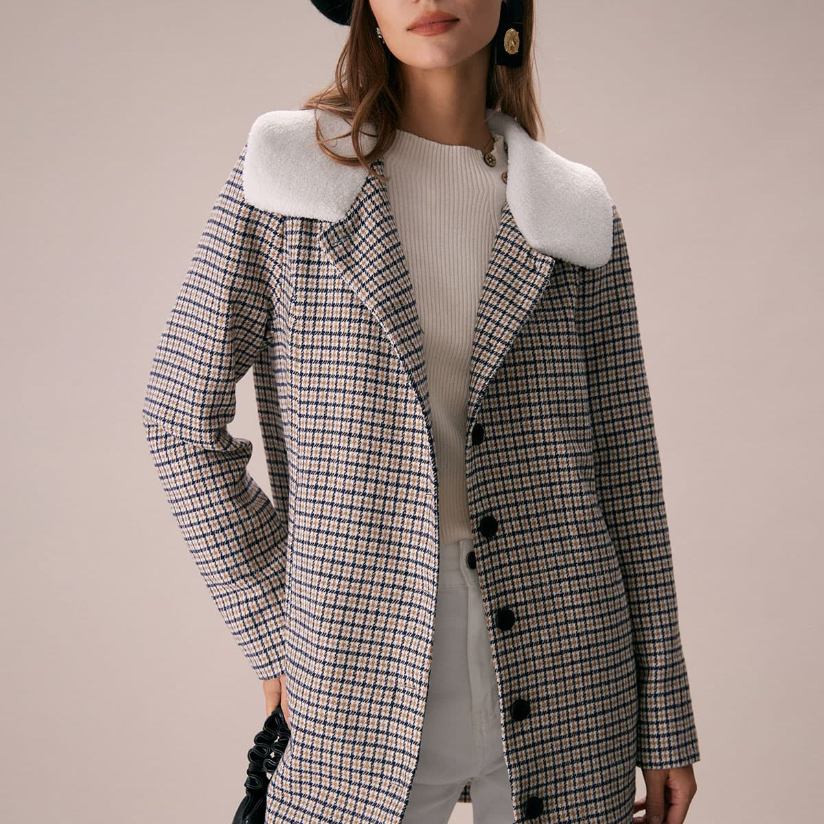Belltoile™ Haki Yaka Tek Sıra Düğmeli Ekose Blazer