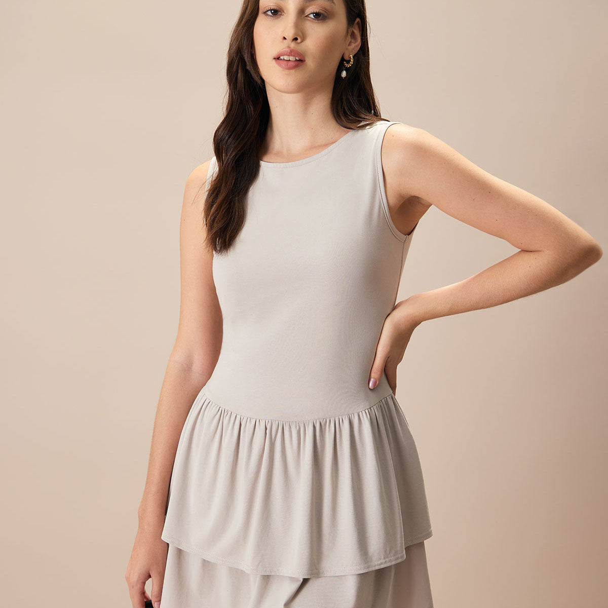 Belltoile™ Kadın Gri Bisiklet Yaka Fırfırlı Katlı Pamuklu Mini Elbise