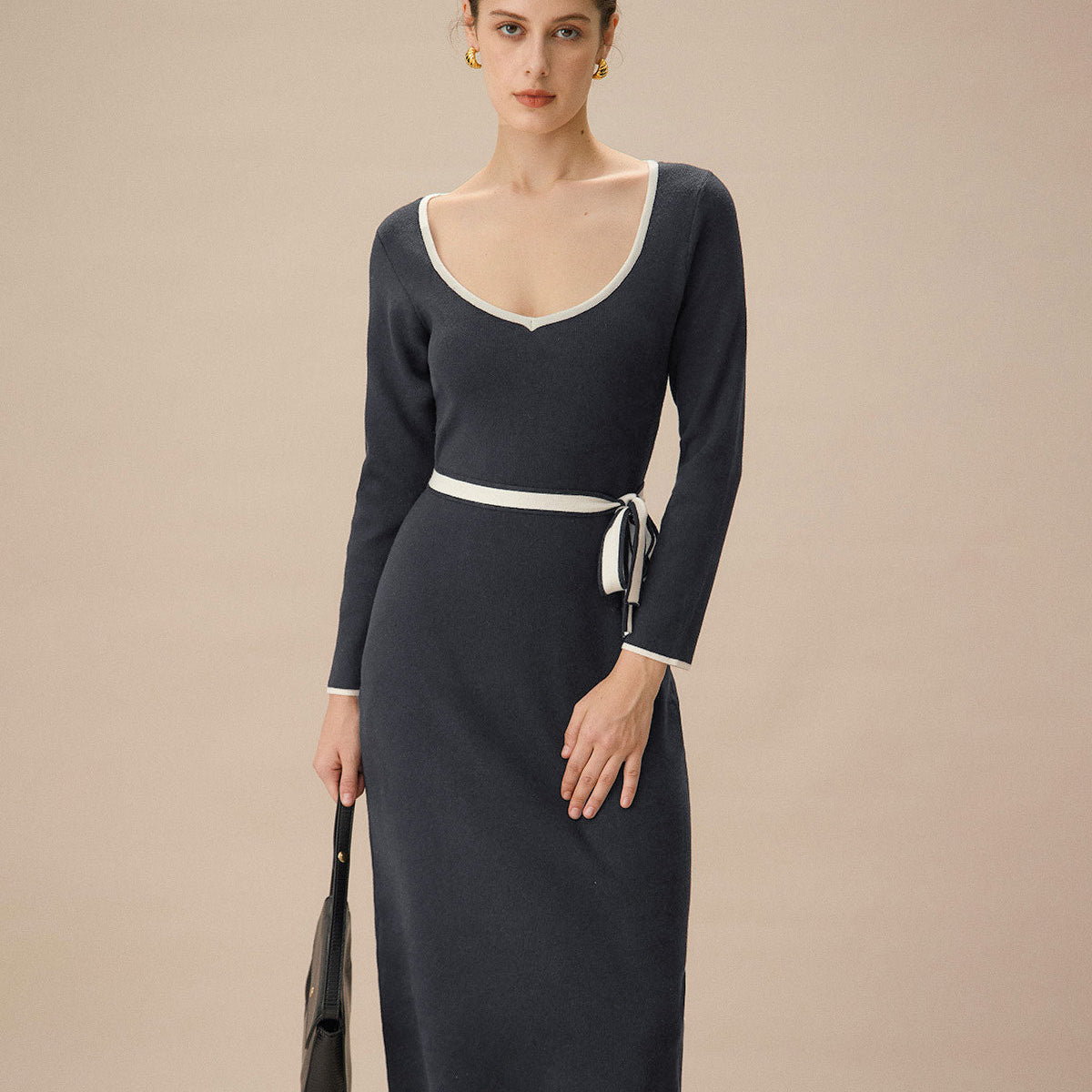 Belltoile™ Gri Kontrast Kravatlı Bodycon Kazak Elbise