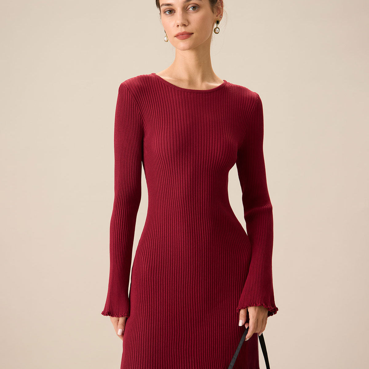 Belltoile™ Kadın Kırmızı Zil Kol Bodycon Kazak Elbise