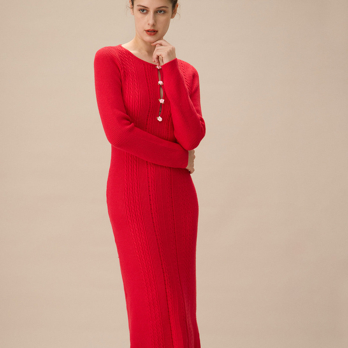 Belltoile™ Kırmızı Dekolteli Bodycon Kazak Elbise