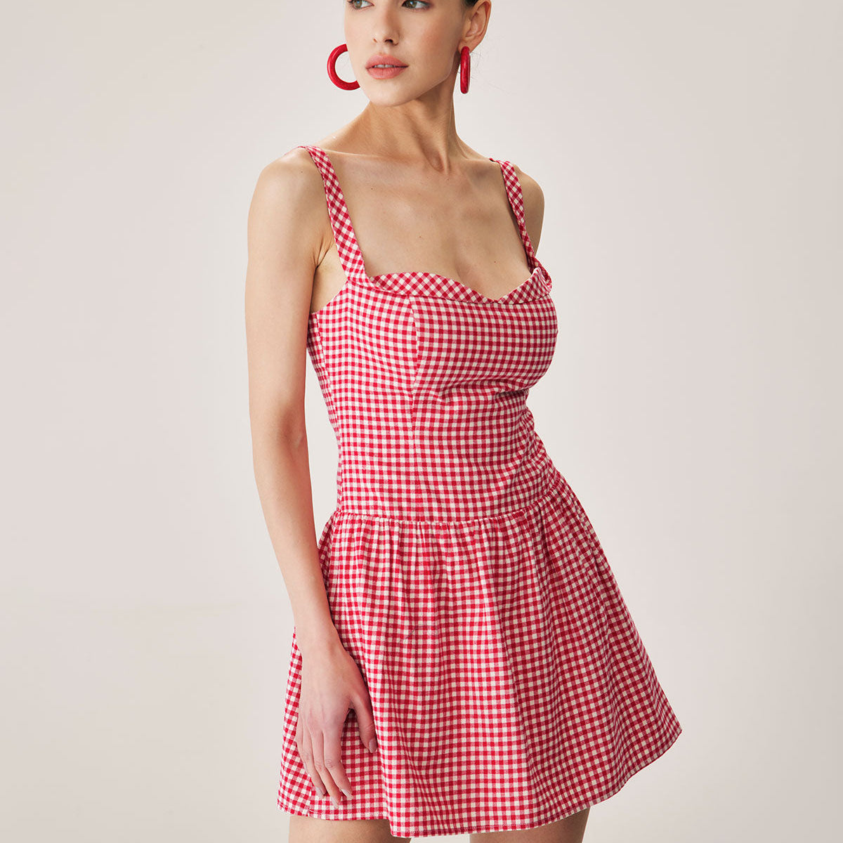Belltoile™ Kırmızı Ekoseli Straplez Mini Elbise