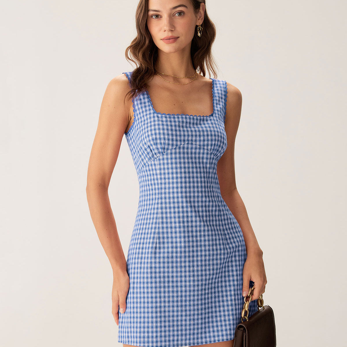 Belltoile™ Mavi Ekose Kare Yaka Slip Mini Elbise