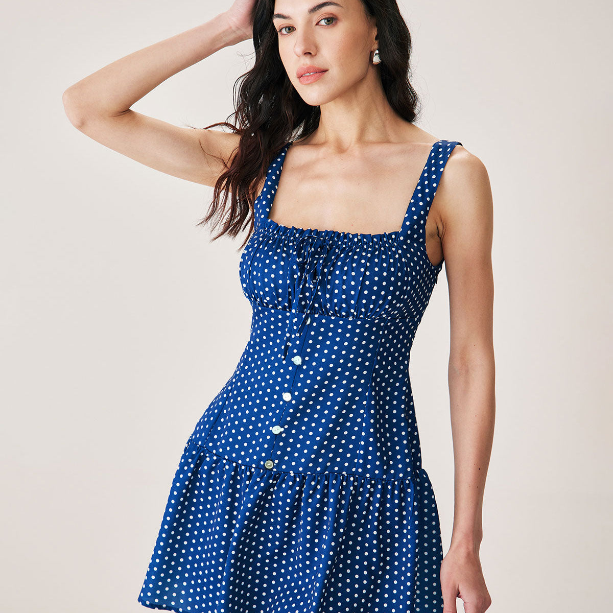 Belltoile™ Mavi Puantiyeli Dantelli Slip Mini Elbise