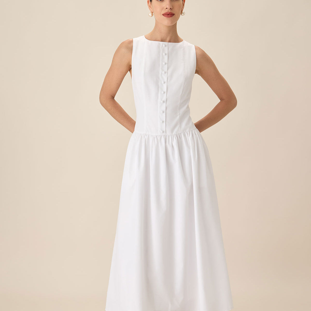 Belltoile™ Beyaz Yuvarlak Yaka Cepli Maxi Elbise
