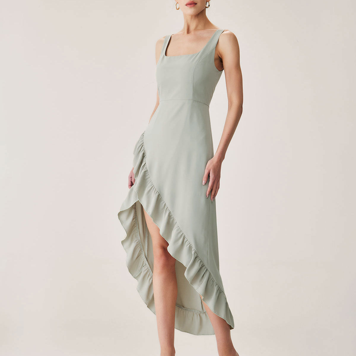 Belltoile™ Yeşil Fırfırlı Yırtmaçlı Slip Maxi Elbise