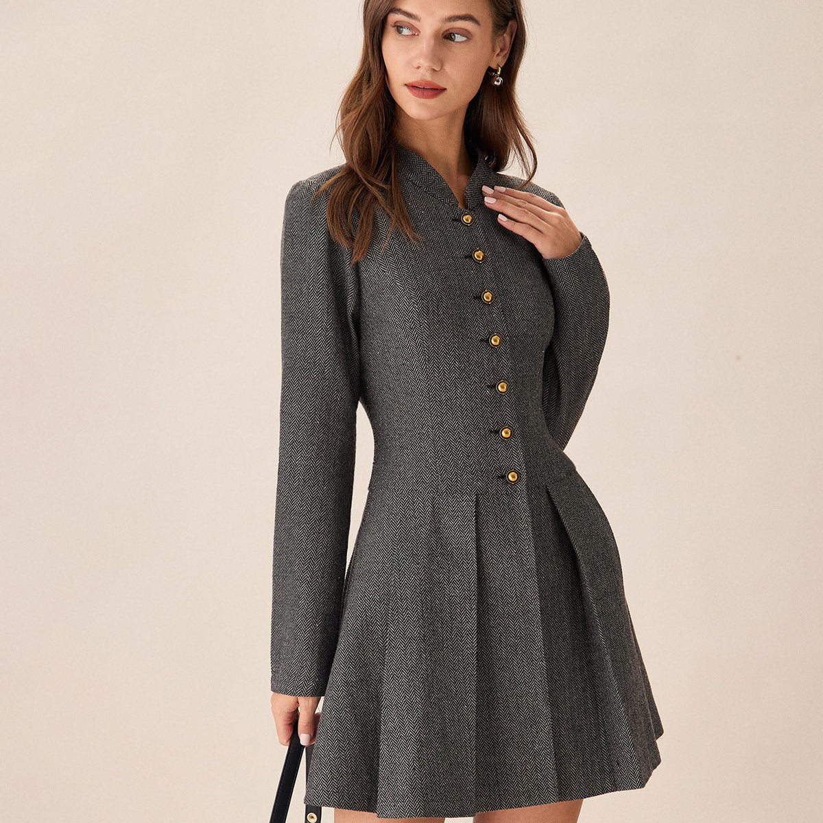 Belltoile™ Gri Düğmeli Piliseli Mini Elbise