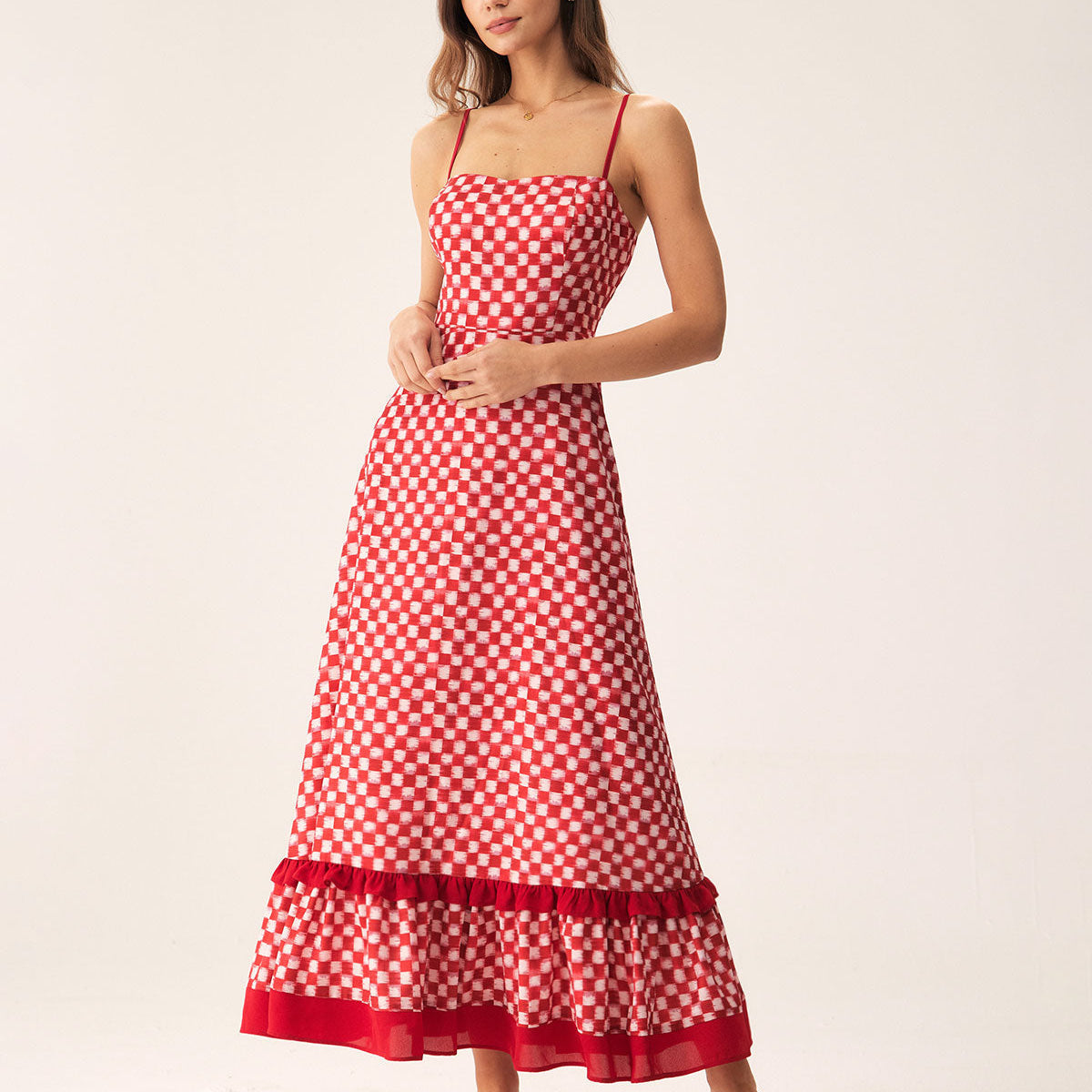 Belltoile™ Kırmızı Geometrik Fırfırlı Slip Maxi Elbise