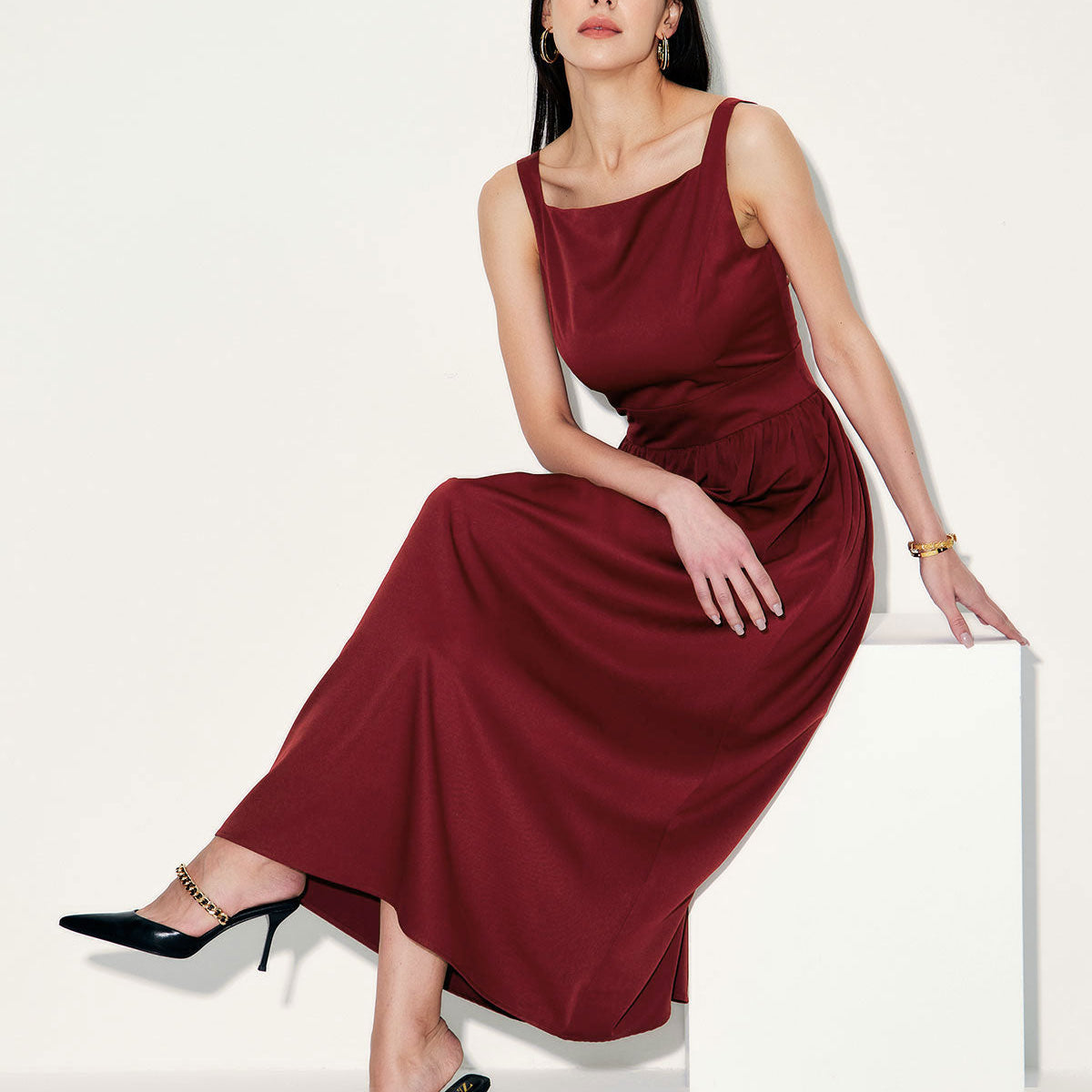 Belltoile™ Şarap Kırmızı Saten Slip Maxi Elbise