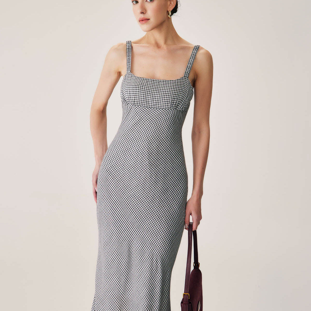 Belltoile™ Siyah Ekose Dantelli Slip Midi Elbise