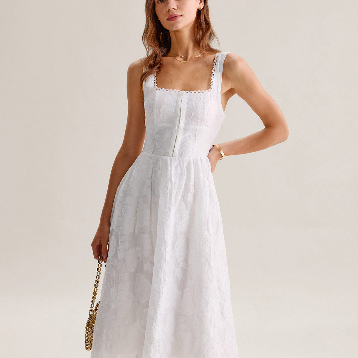 Belltoile Beyaz Jakarlı Büzgülü Slip Midi Elbise