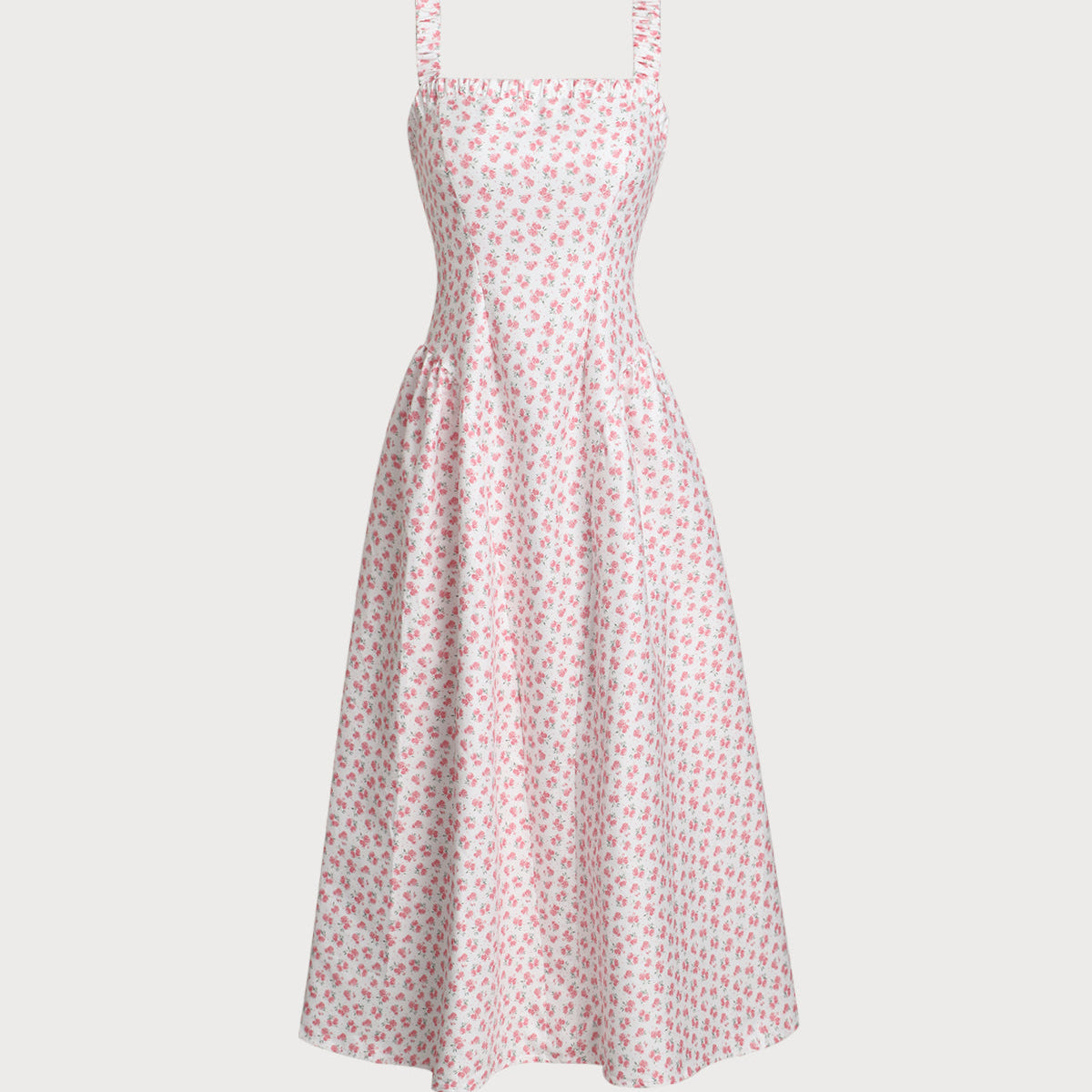 Belltoile™ Pembe Çiçekli Kare Yaka Pileli Midi Elbise