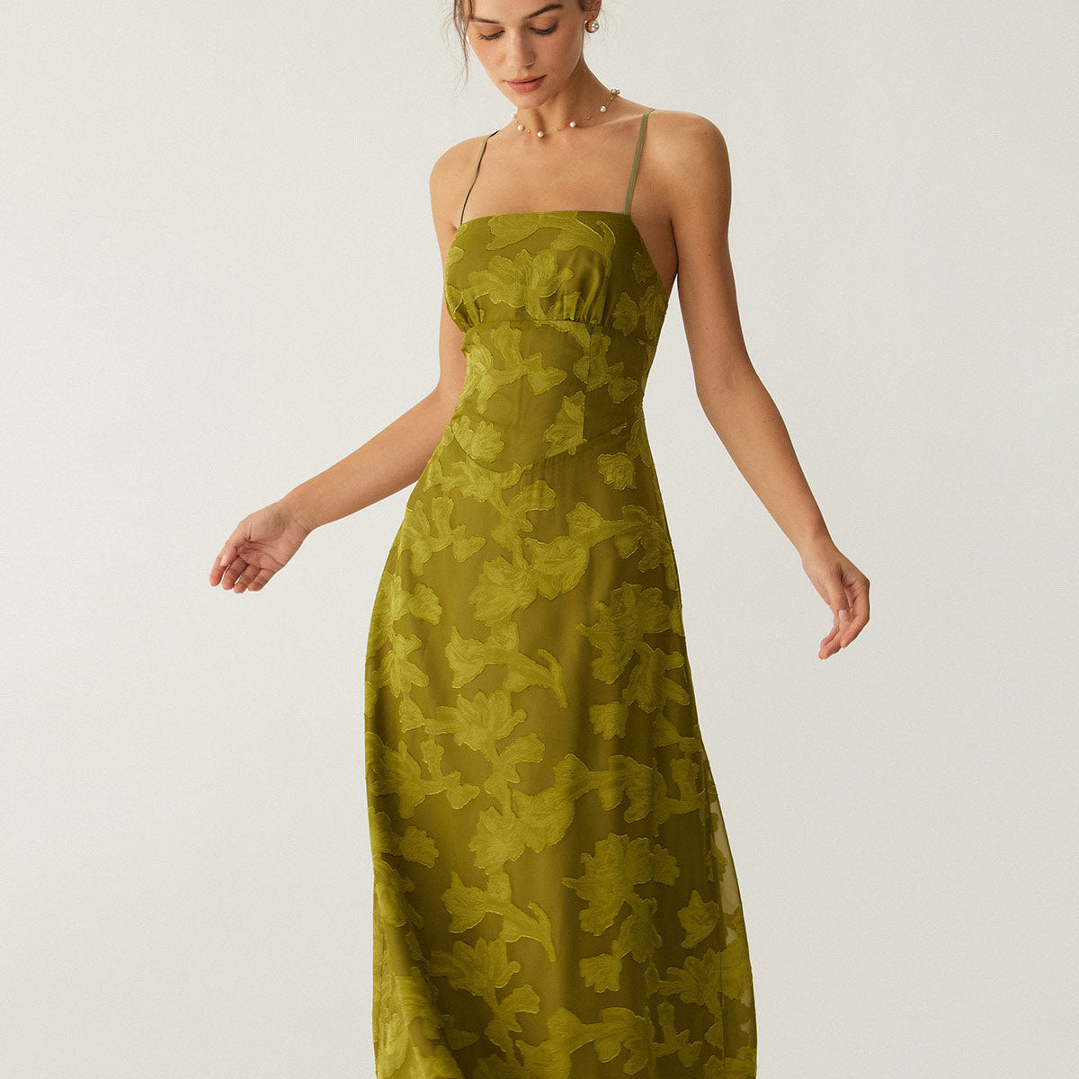 Belltoile Yeşil Çiçekli Dantelli Sırtı Açık Slip Maxi Elbise
