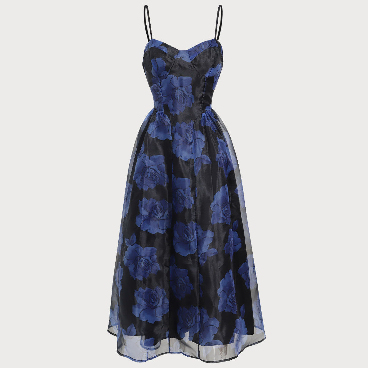 Belltoile™ Lacivert Çiçek Kalp Yaka Slip Midi Elbise