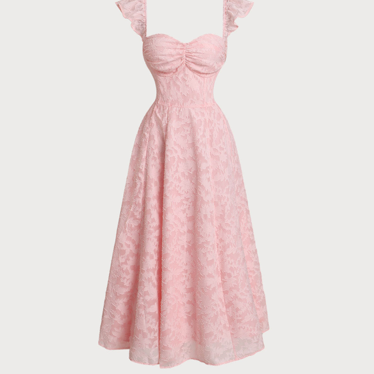 Belltoile Pembe Jakarlı Dantelli Kare Yaka Midi Elbise