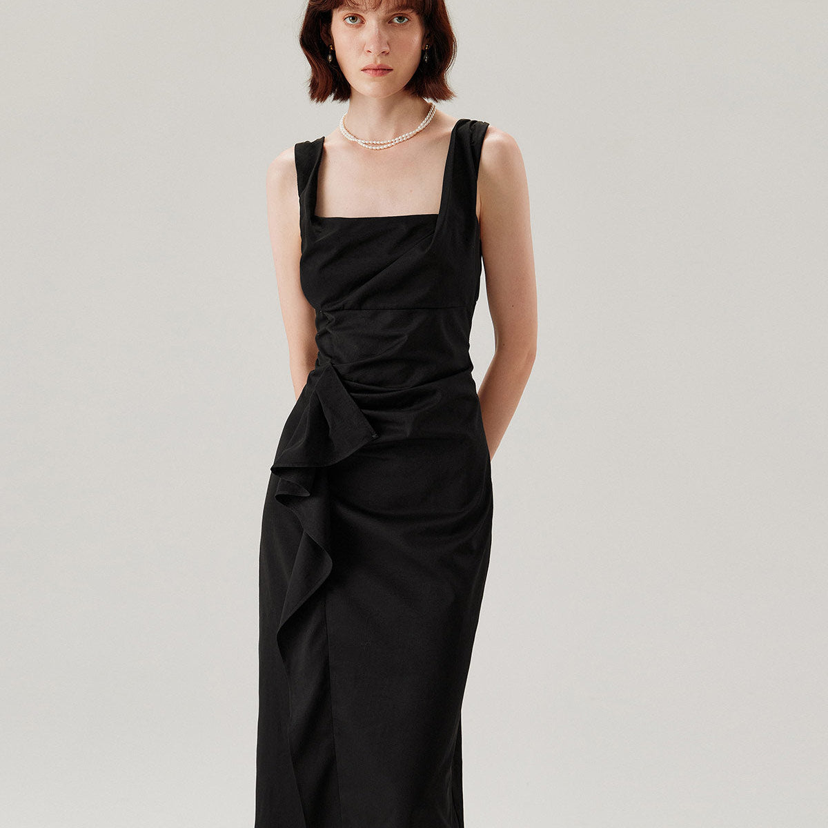Belltoile™ Siyah Fırfırlı Dantelli Slip Midi Elbise