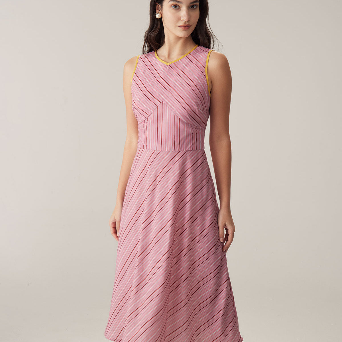 Belltoile™ Pembe Çizgili V Yaka Kolsuz Midi Elbise