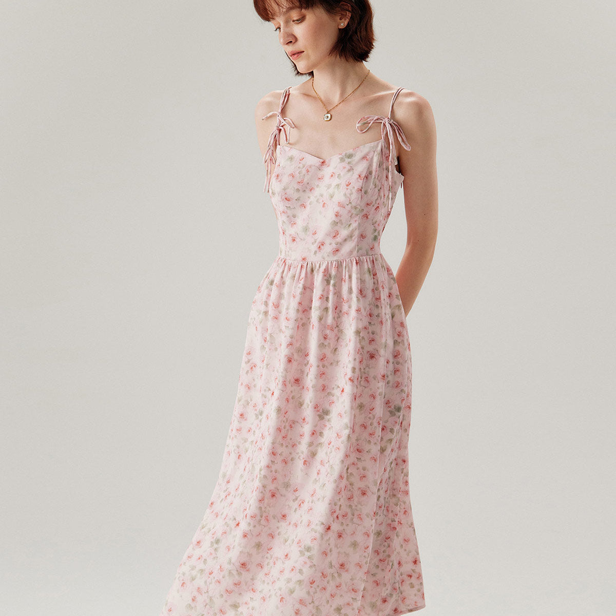 Belltoile™ Pembe Çiçekli Büzgülü Slip Midi Elbise
