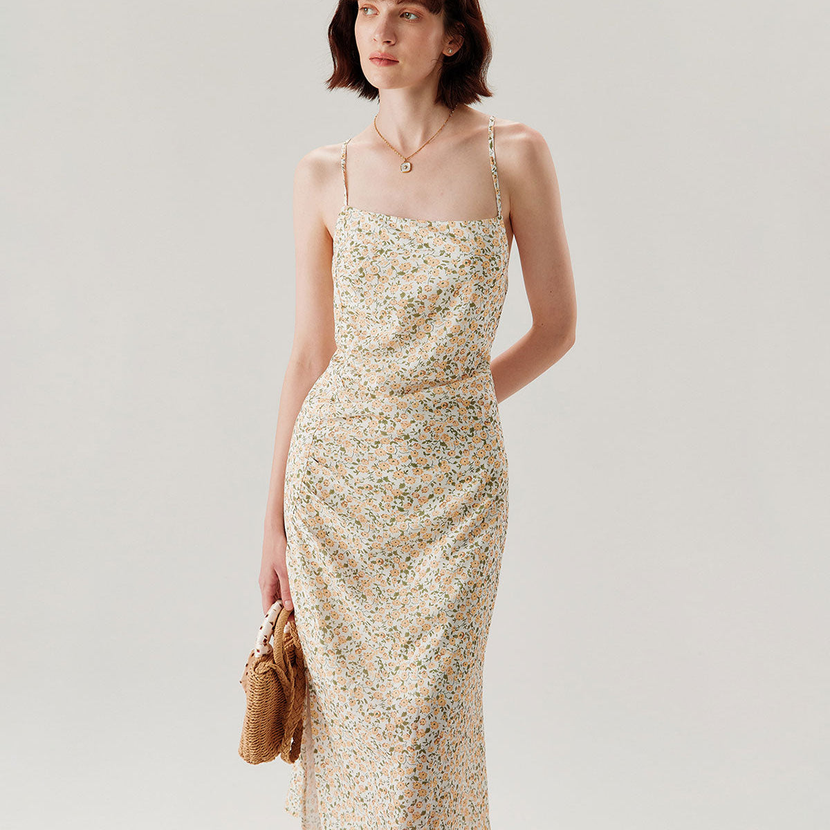 Belltoile™ Sarı Çiçekli Dantelli Slip Midi Elbise