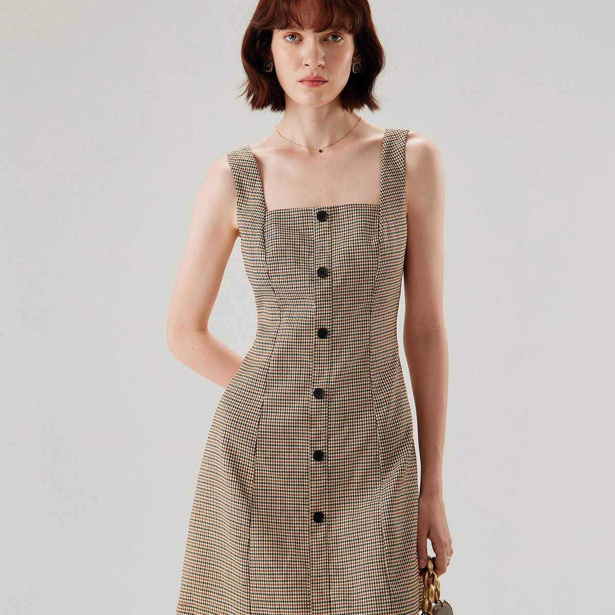 Belltoile™ Kahverengi Ekose Düğmeli Slip Mini Elbise