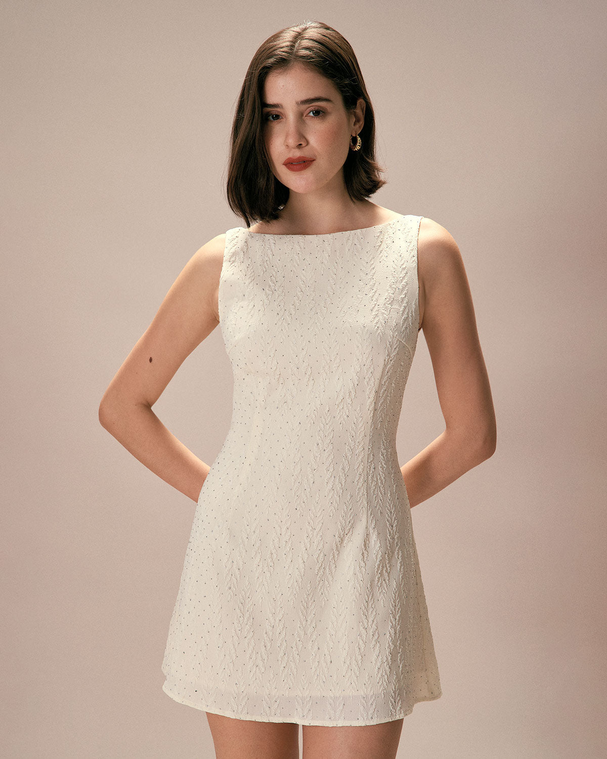 Belltoile Bej Kayık Yaka Dokulu Mini Elbise
