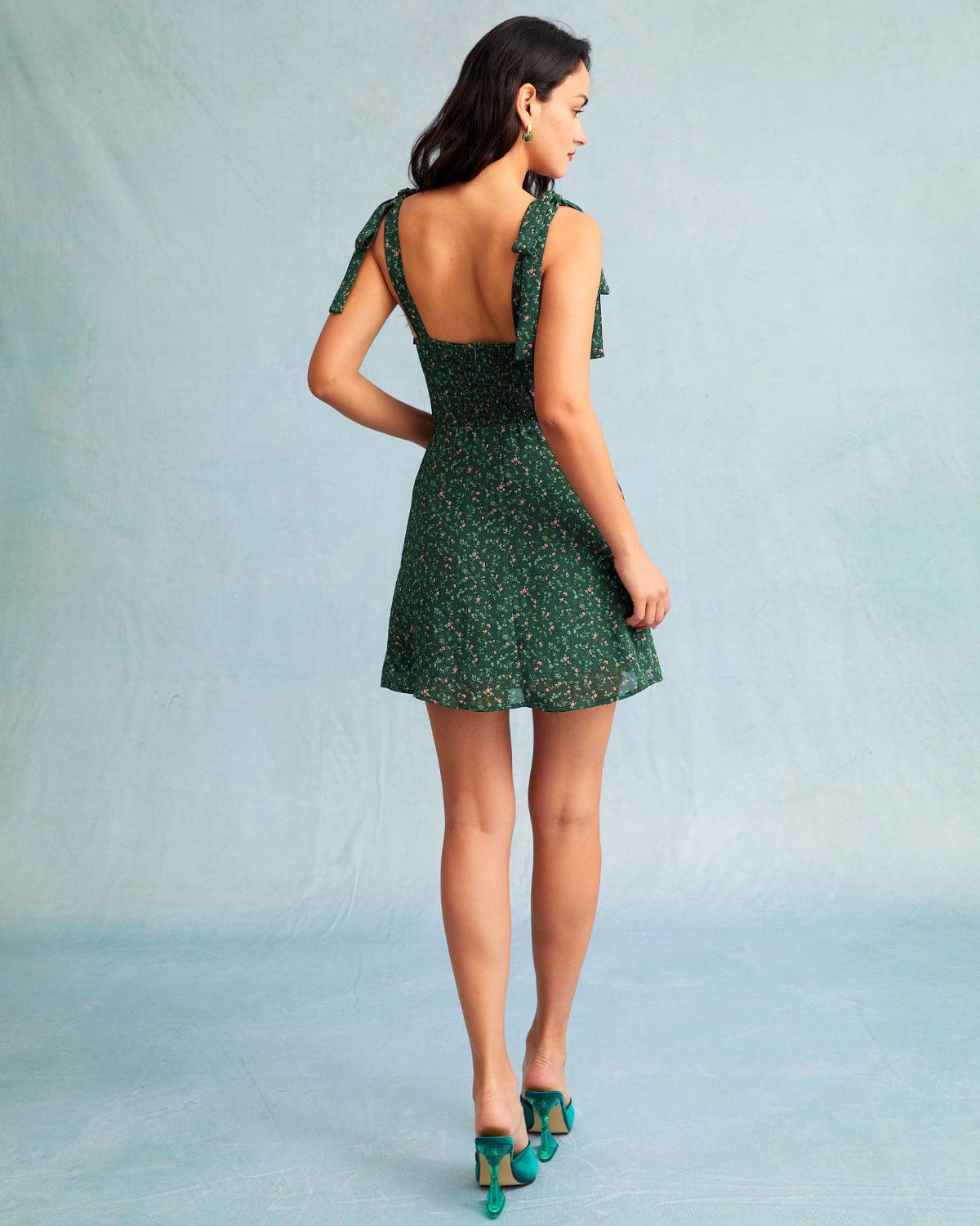 Belltoile Yeşil Kalp Yaka Çiçek Slip Mini Elbise