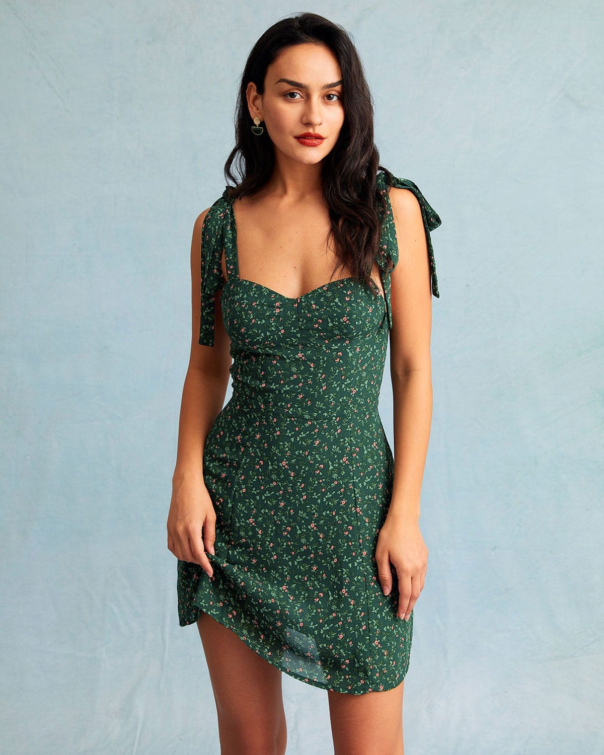 Belltoile Yeşil Kalp Yaka Çiçek Slip Mini Elbise
