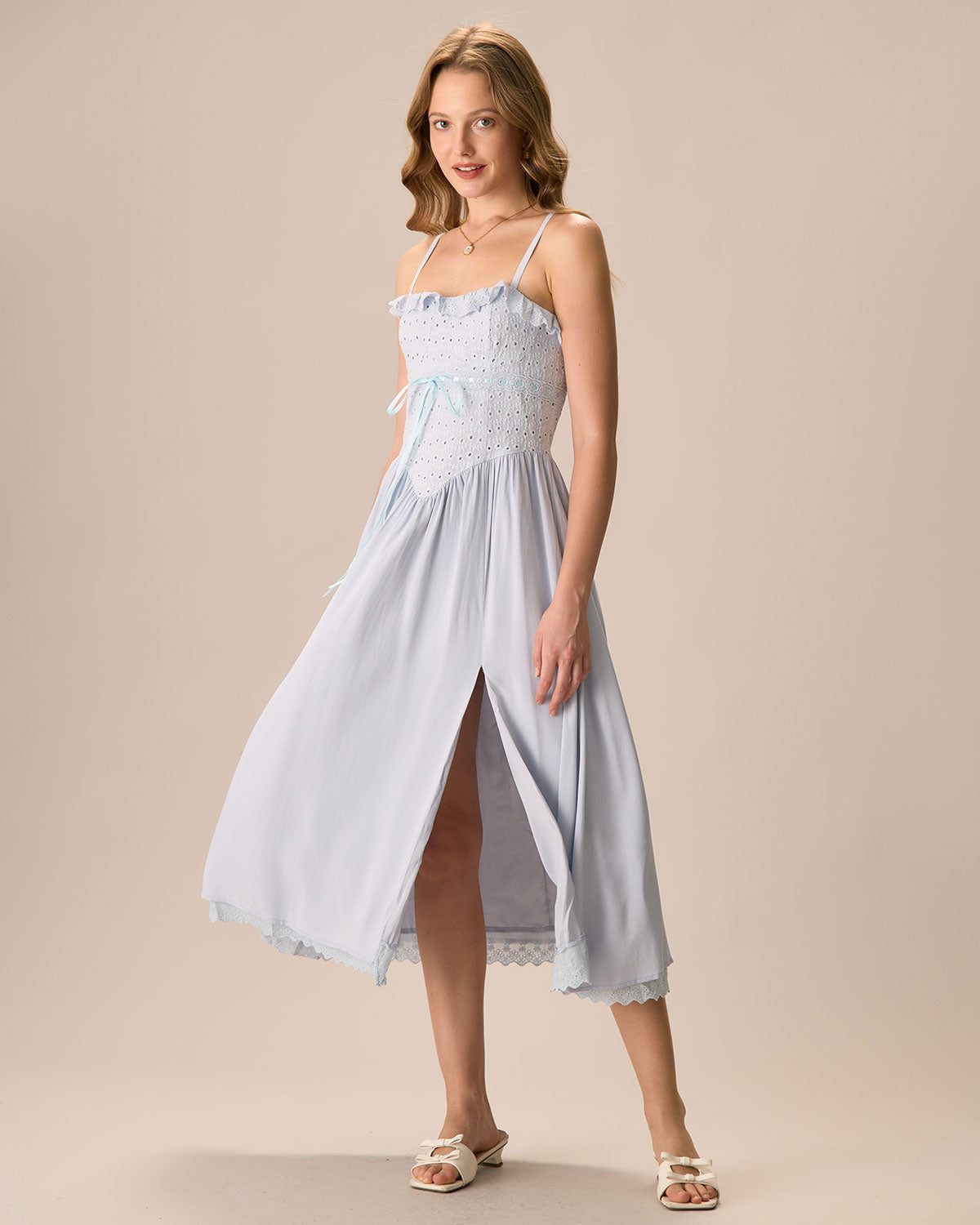 Belltoile™ Kadın Mavi Nakışlı Pamuklu Slip Midi Elbise