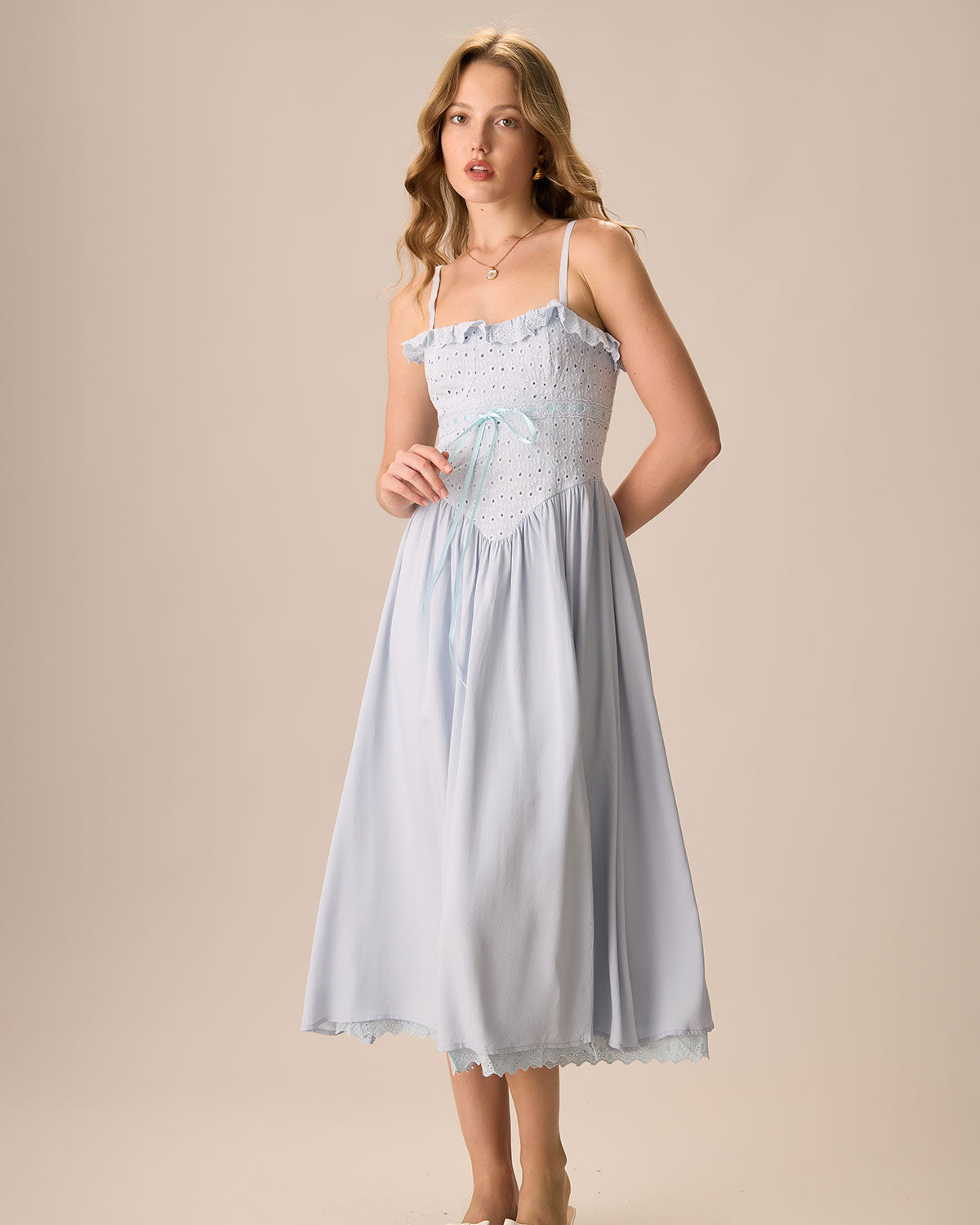 Belltoile™ Kadın Mavi Nakışlı Pamuklu Slip Midi Elbise