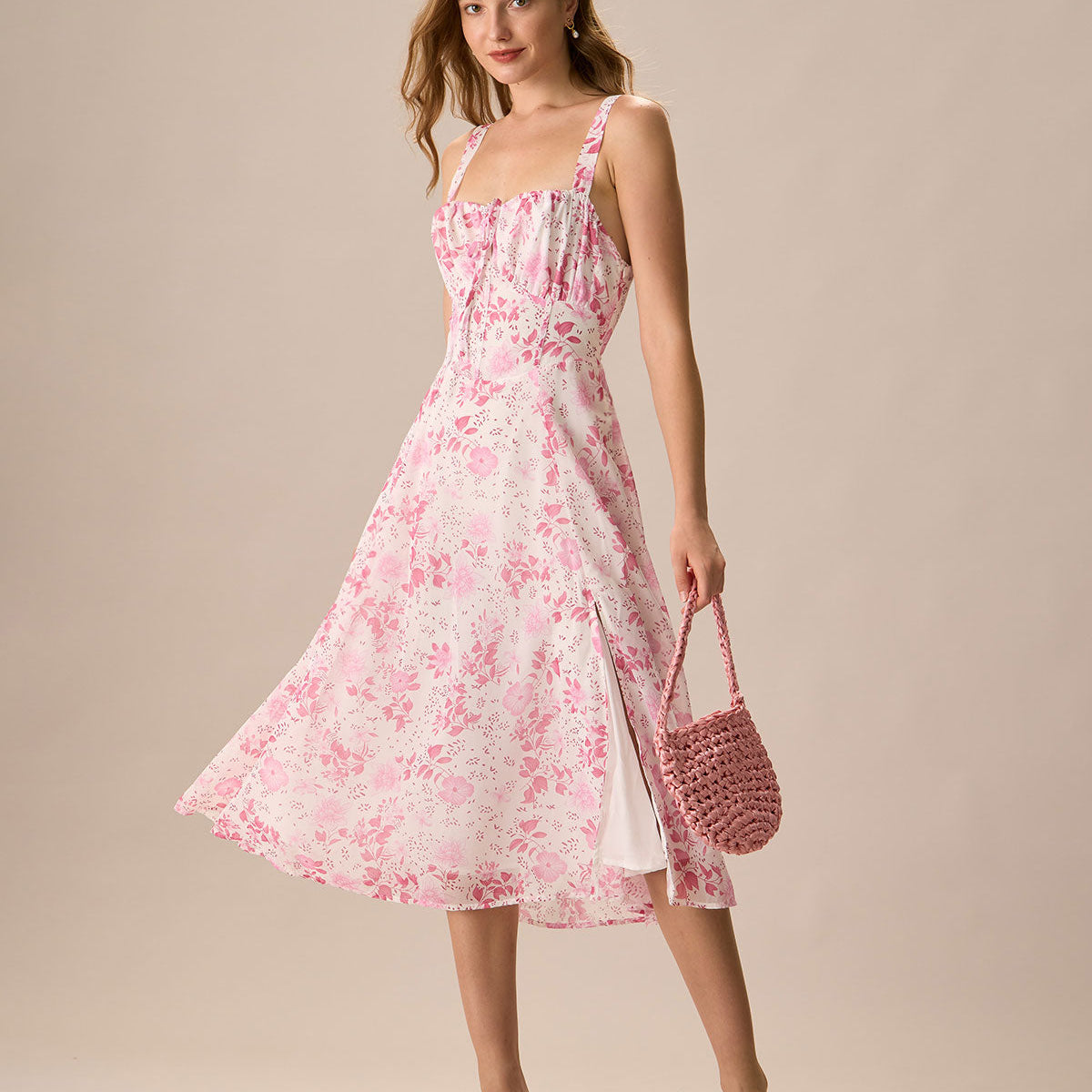 Belltoile™ Pembe Kare Yaka Çiçek Dantelli Midi Elbise