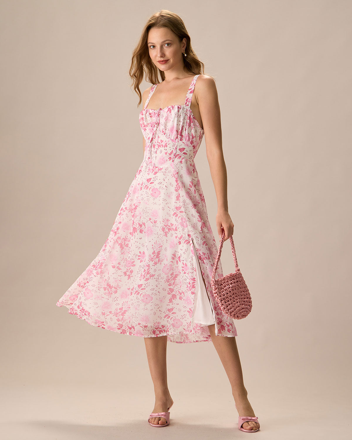 Belltoile™ Pembe Kare Yaka Çiçek Dantelli Midi Elbise
