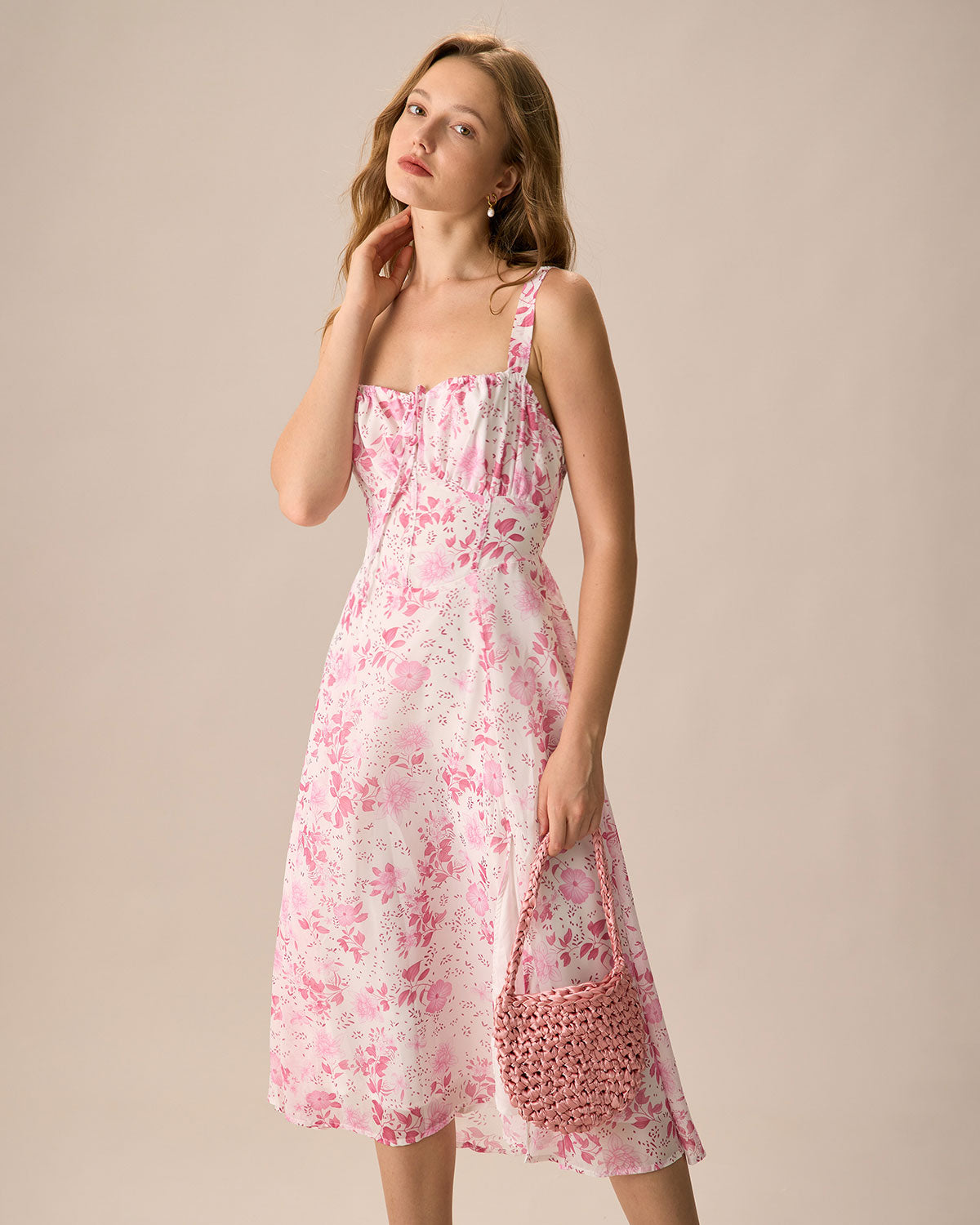 Belltoile™ Pembe Kare Yaka Çiçek Dantelli Midi Elbise